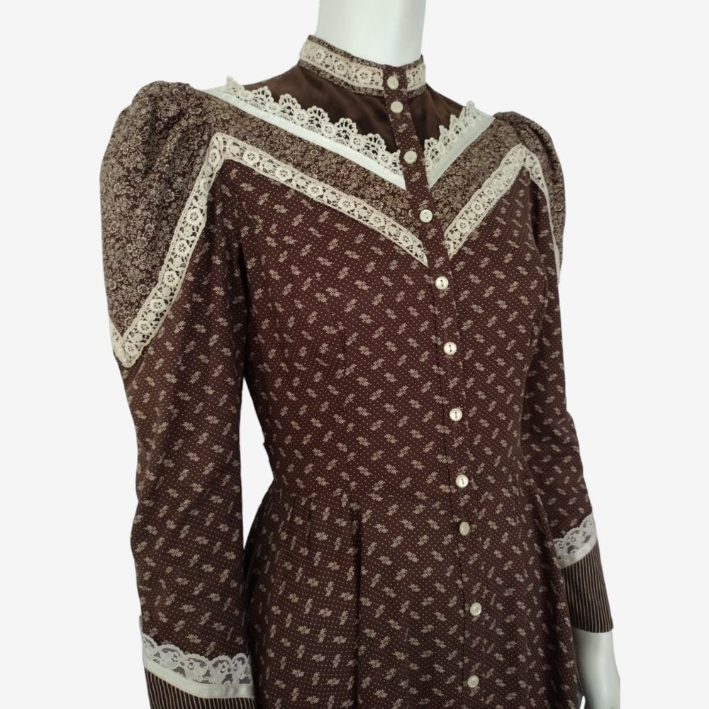 Vintage 70s Gunne Sax Brown Calico Puff Shoulder Button Down Prairie Dress - Picture 9 of 13
